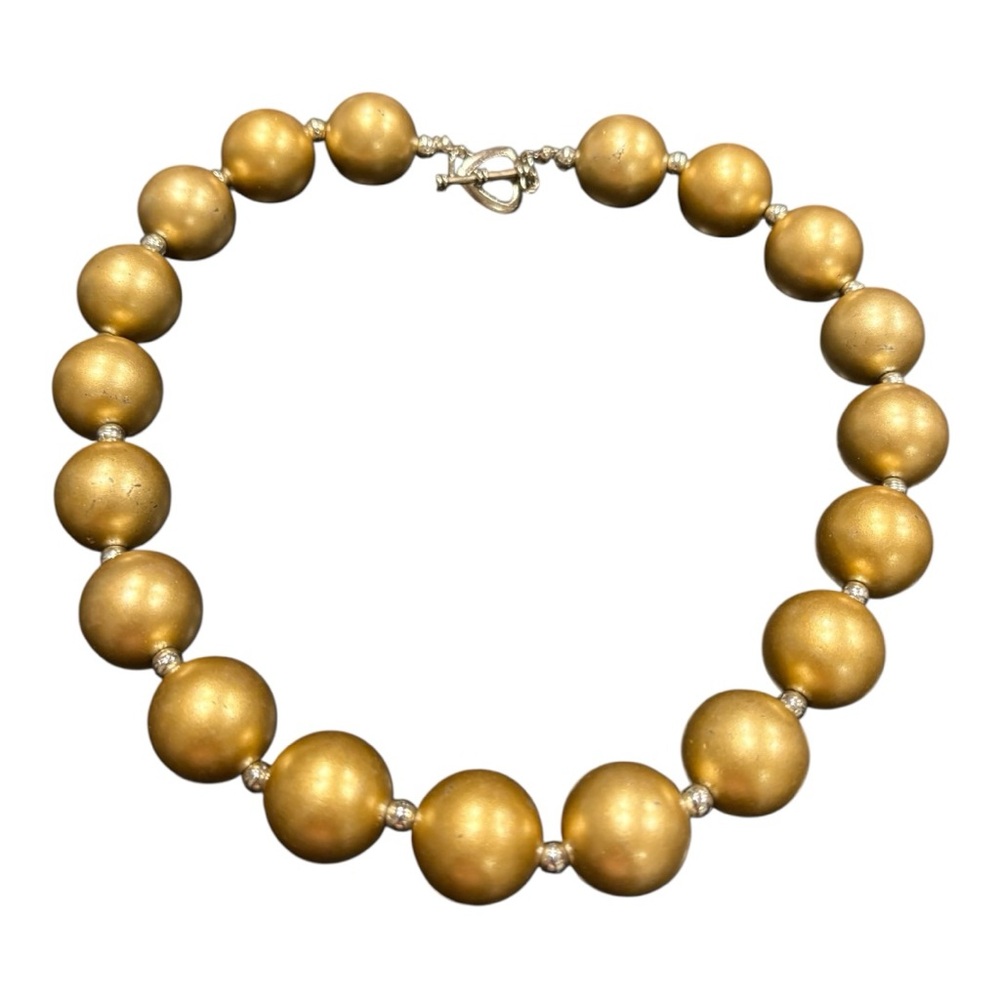 Chunky Matte Gold Beaded Necklace with Heart Toggle Clasp & Silver Spacers JB8
